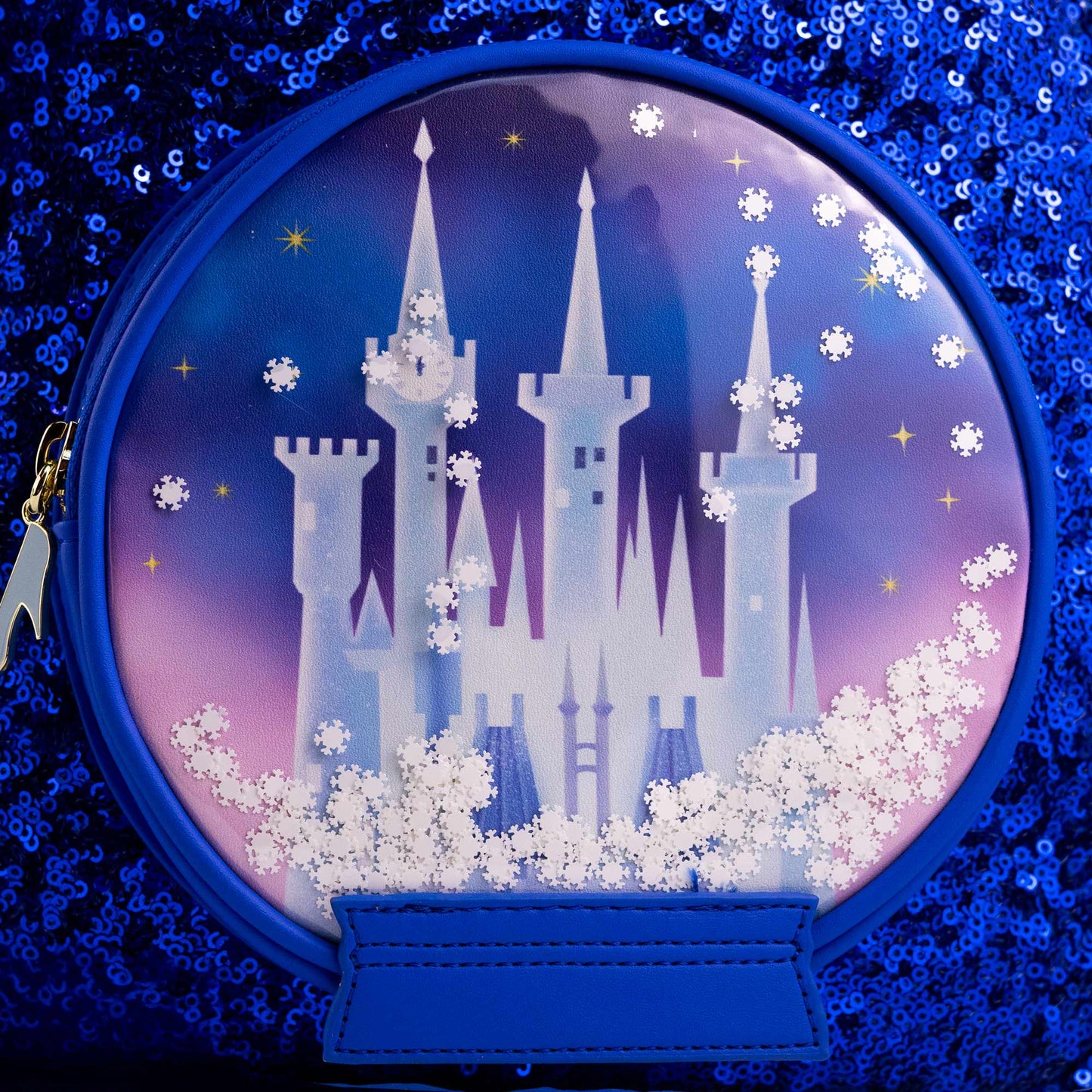 Loungefly x Disney Cinderella Castle Snow Globe Royal Blue Sequin Mini Backpack