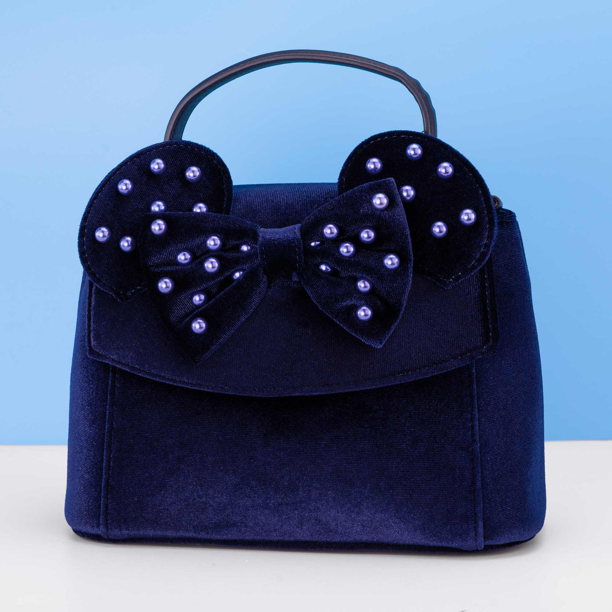 Loungefly x Disney Minnie Cosplay Navy Velvet with Pearls Handbag