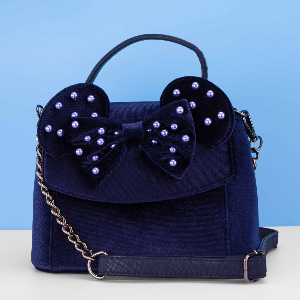 Loungefly x Disney Minnie Cosplay Navy Velvet with Pearls Handbag