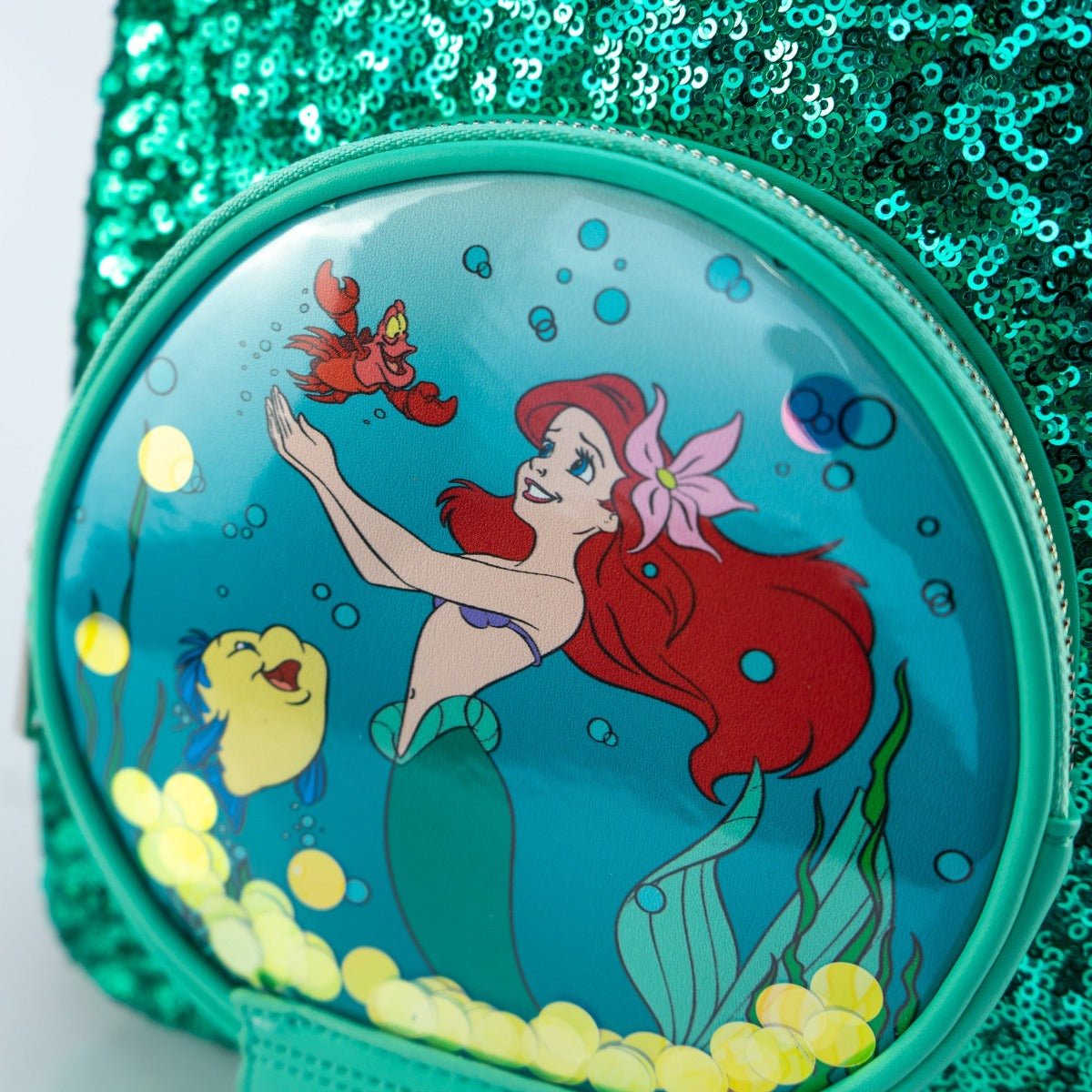 Loungefly x Disney Ariel Snow Globe Emerald Green Sequin Mini Backpack - GeekCore