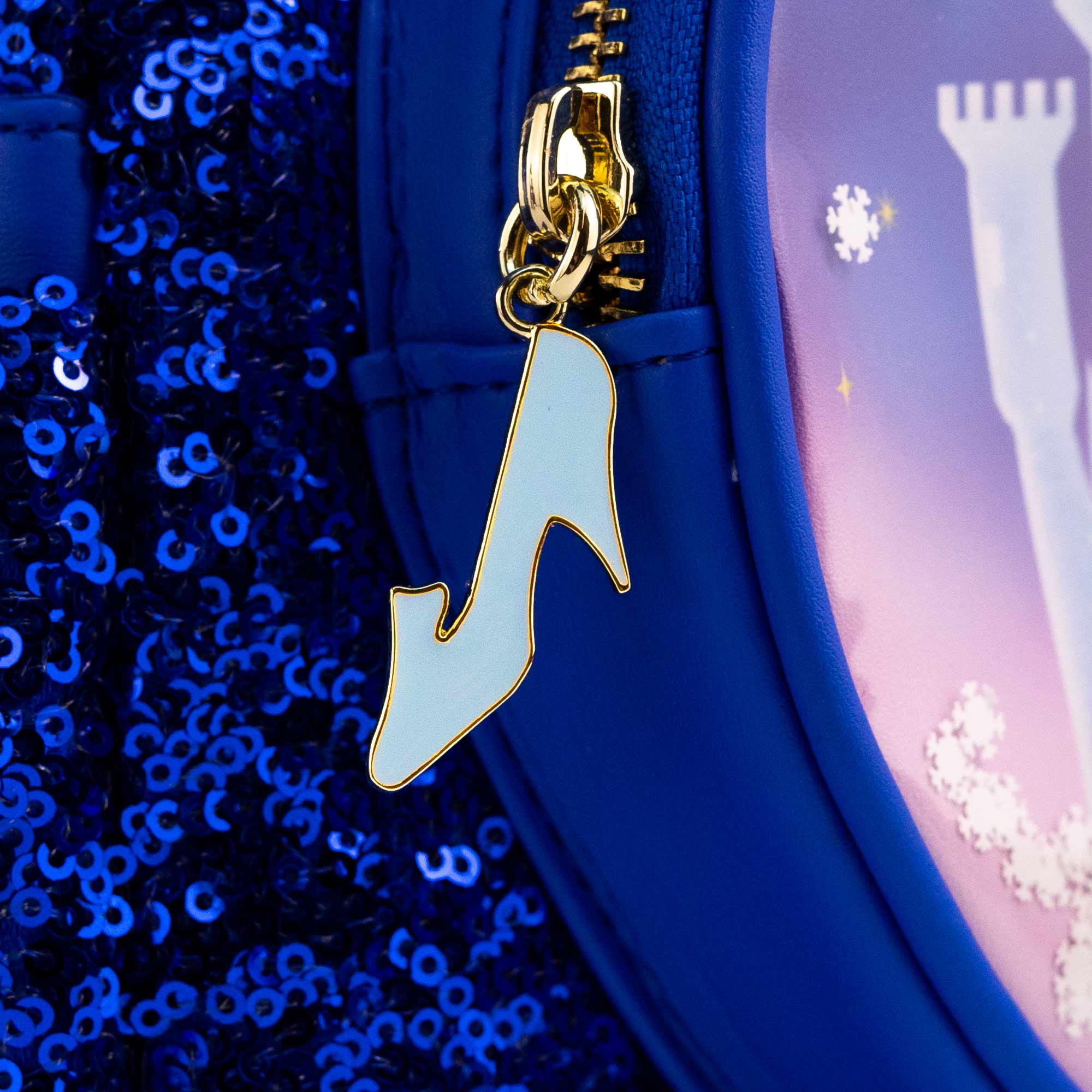 Loungefly x Disney Cinderella Castle Snow Globe Royal Blue Sequin Mini Backpack - GeekCore