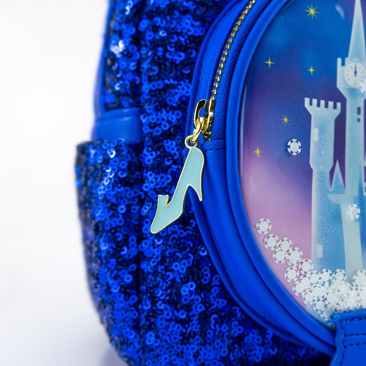 Loungefly x Disney Cinderella Castle Snow Globe Royal Blue Sequin Mini Backpack - GeekCore