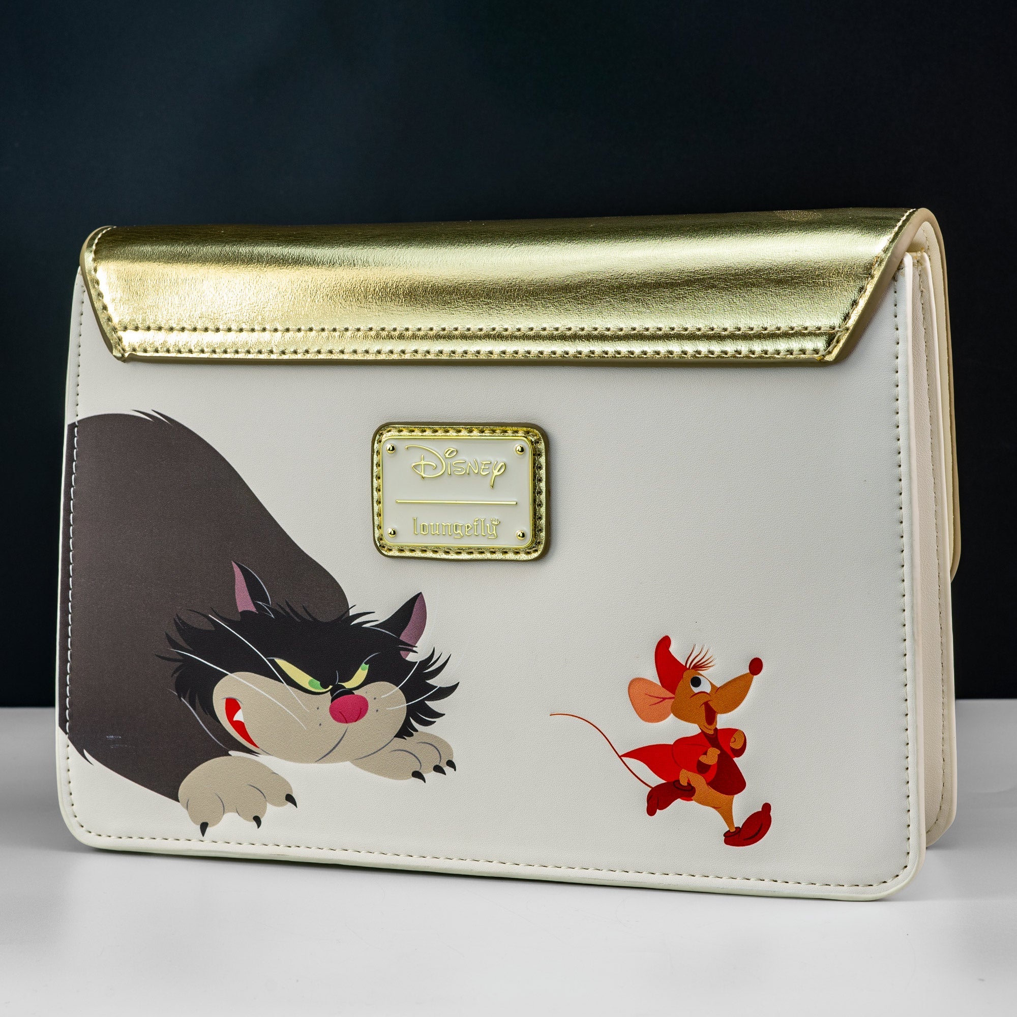 Loungefly x Disney Cinderella Lucifer Jaq and Gus Teacup Gold Foil Crossbody Bag - GeekCore