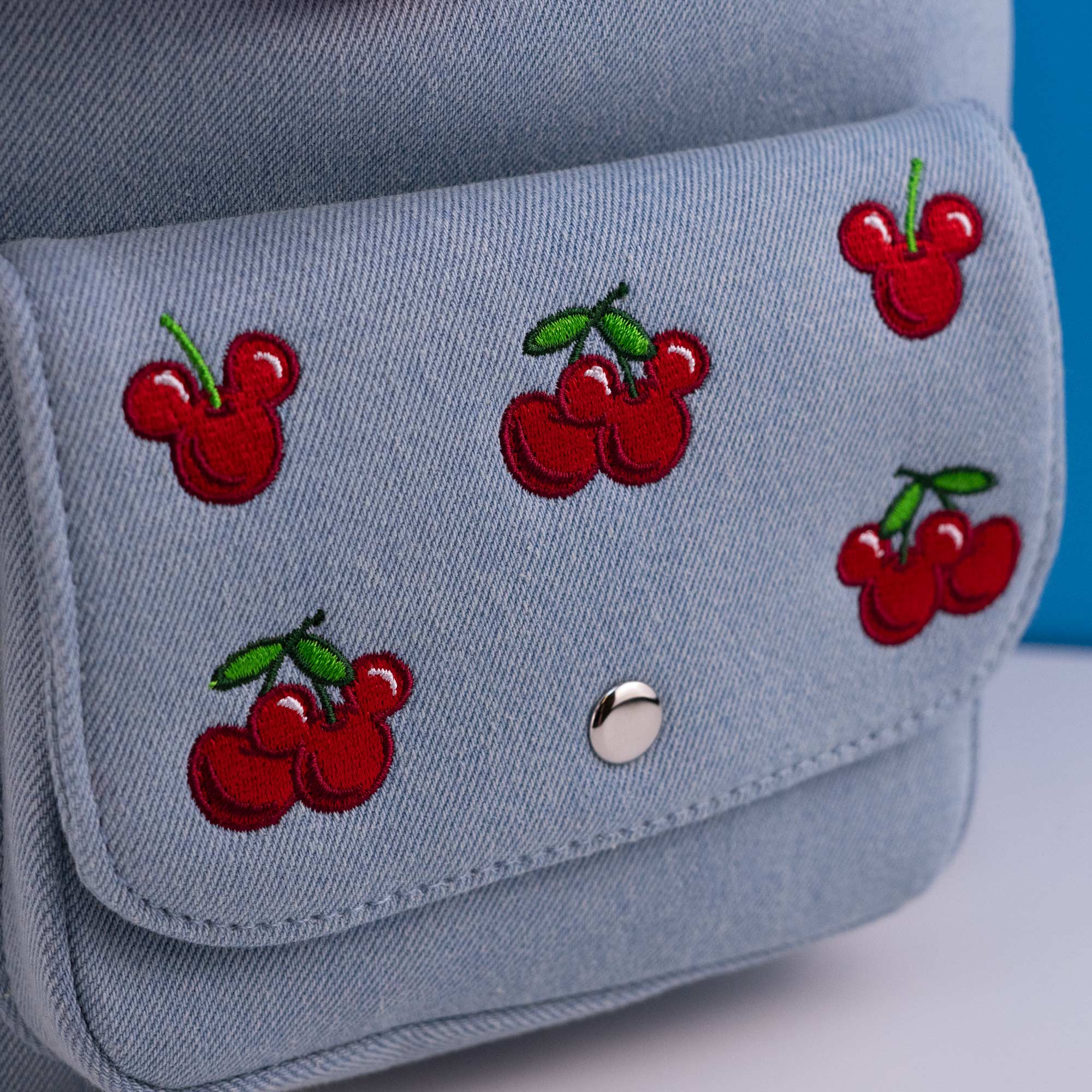 Loungefly x Disney Mickey and Minnie Denim Cherries Canvas Mini Backpack - GeekCore