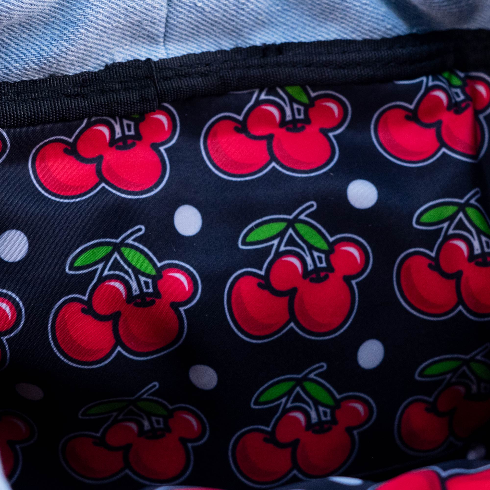 Loungefly x Disney Mickey and Minnie Denim Cherries Canvas Mini Backpack - GeekCore