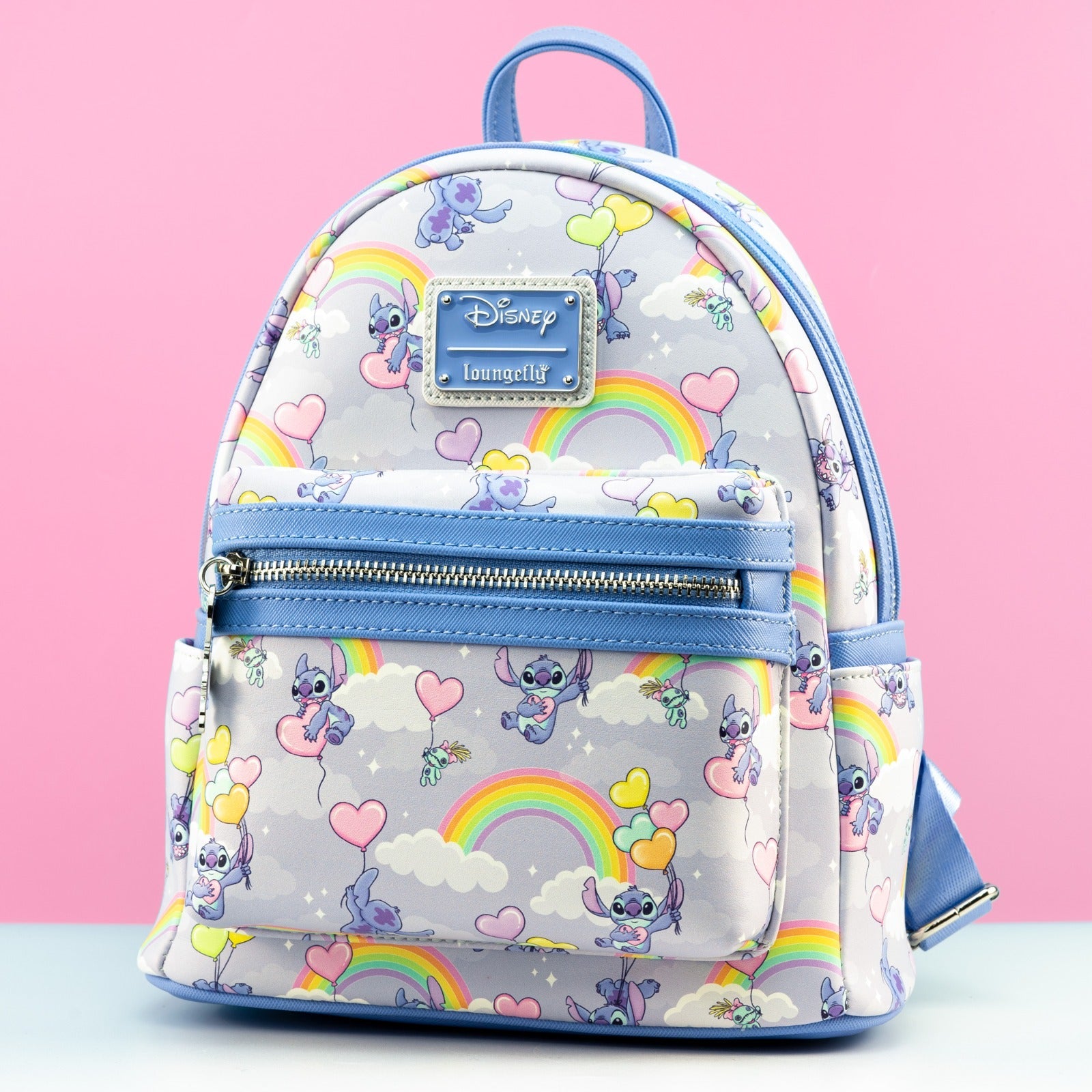 Loungefly x Disney Stitch Rainbows and Heart Balloons All Over Print Mini Backpack - GeekCore