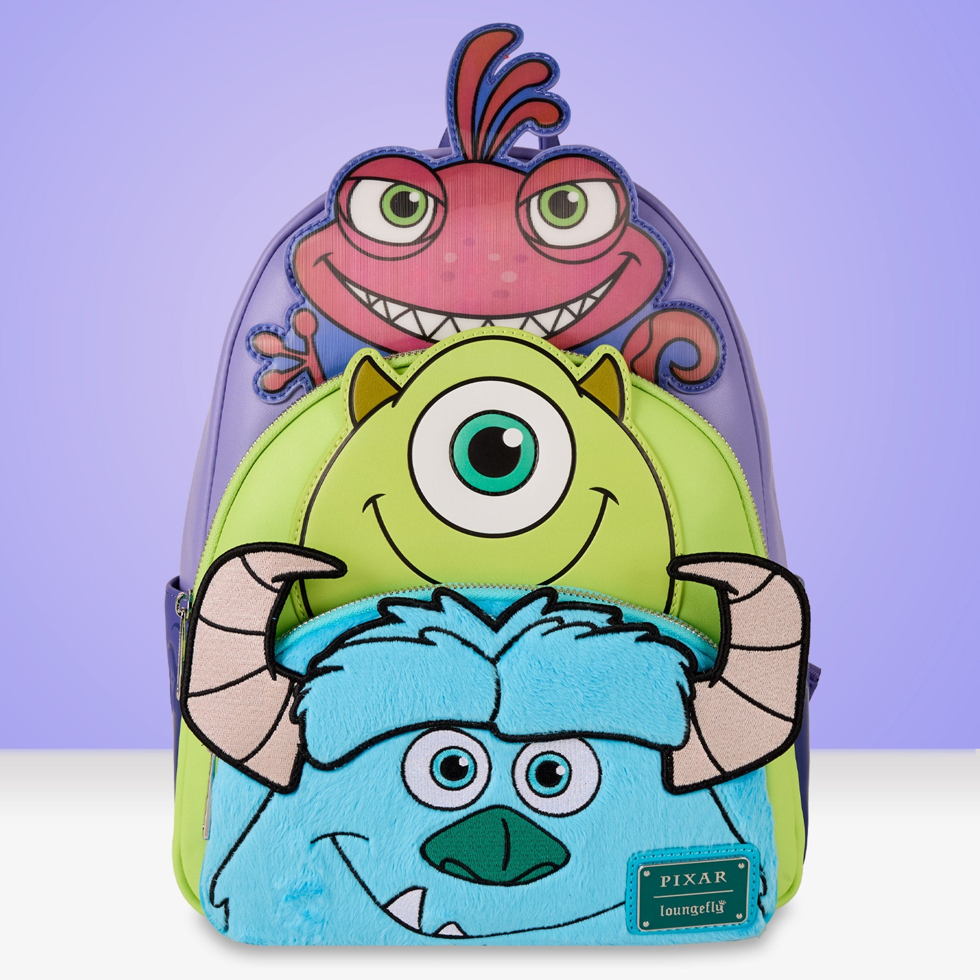 Loungefly x Pixar Monsters Inc. Mike, Sulley and Randall Triple Pocket Mini Backpack - GeekCore