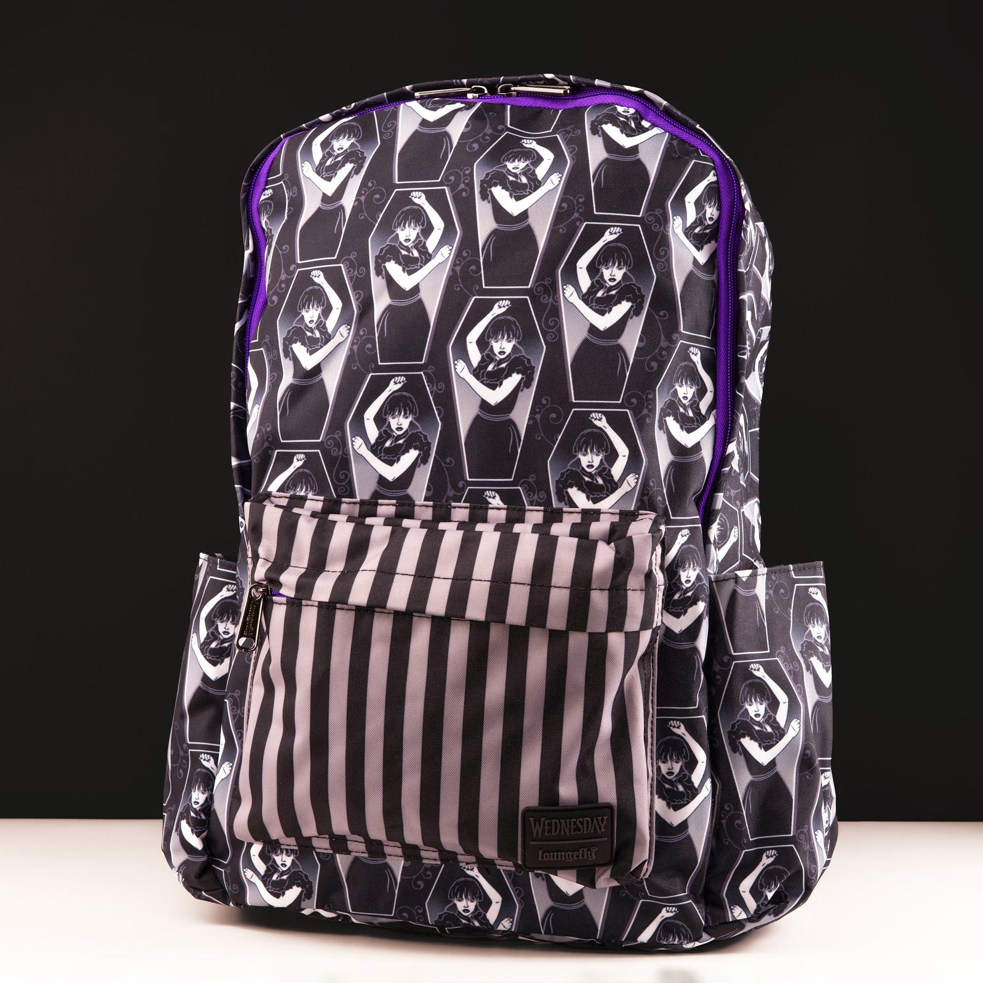 Loungefly x Wednesday Coffin Print Pin Striped Nylon Backpack - GeekCore