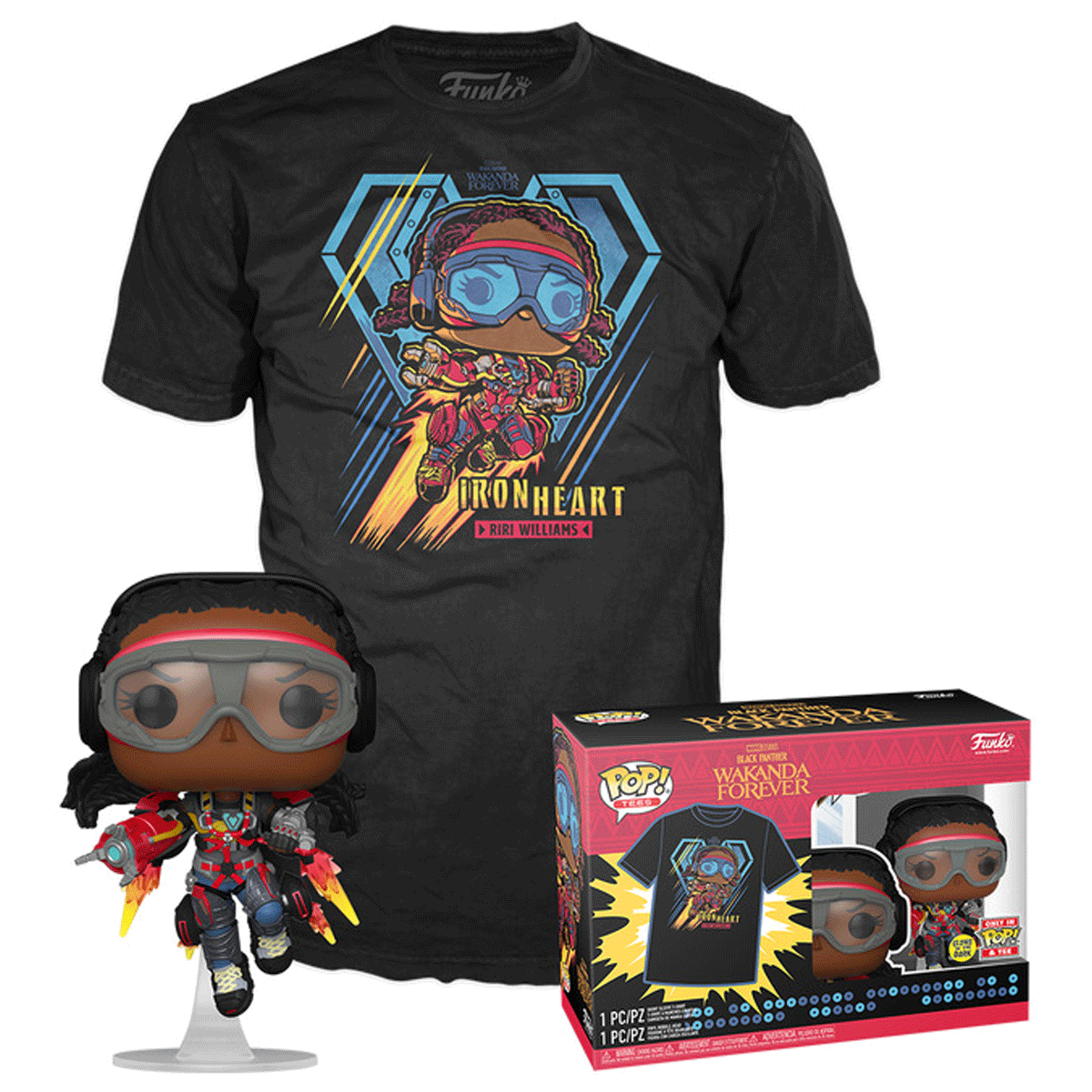 Marvel Black Panther Ironheart Mark 1 (Glow in the Dark) Pop! Vinyl and Tee Set - GeekCore