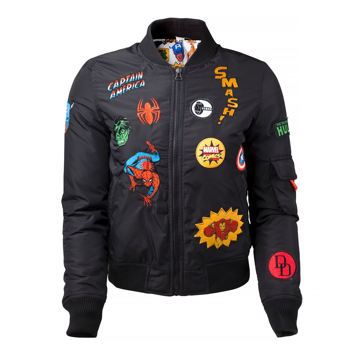 Marvel Girl's Black Bomber Jacket with Patches - GeekCore