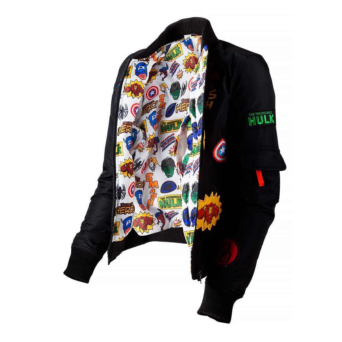 Marvel Girl's Black Bomber Jacket with Patches - GeekCore