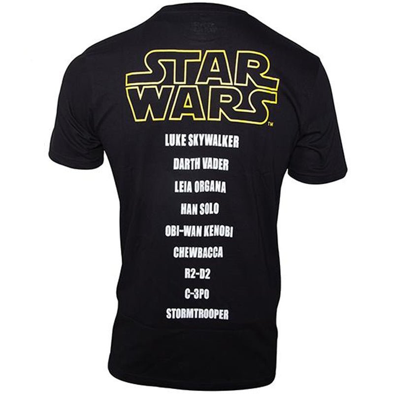 Star Wars Black Logo T - Shirt with Character List - GeekCore