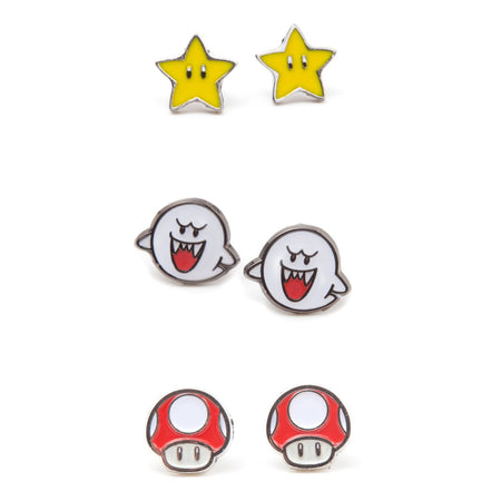 Super Mario Stud Earrings (3 Pairs) - Super Star, Boo, Super Mushroom - GeekCore