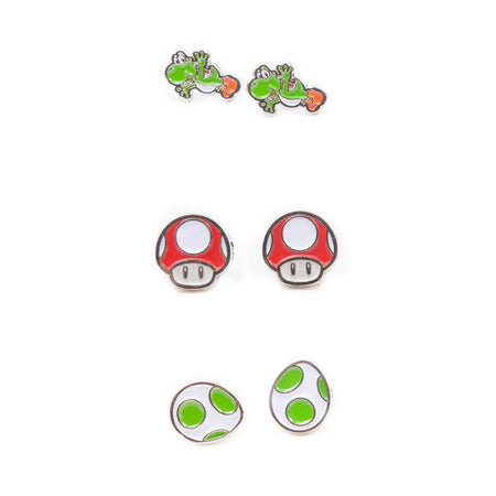 Super Mario Stud Earrings (3 Pairs) - Yoshi, Super Mushroom, Yoshi Egg - GeekCore