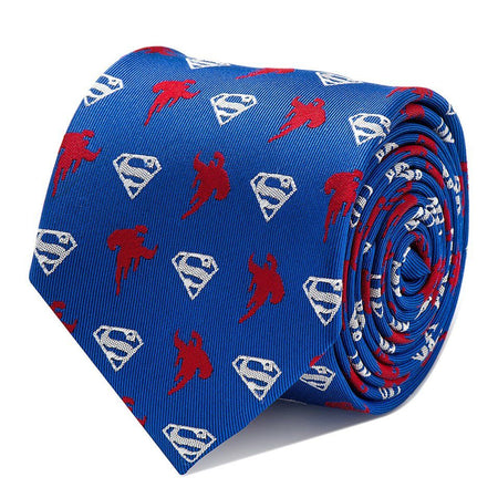 Superman Logo and Silhouette Blue and Red Silk Tie